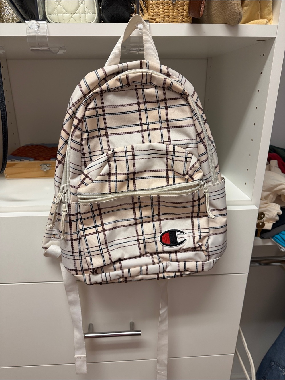 Champion Plaid Cream Backpack with Logo Patch